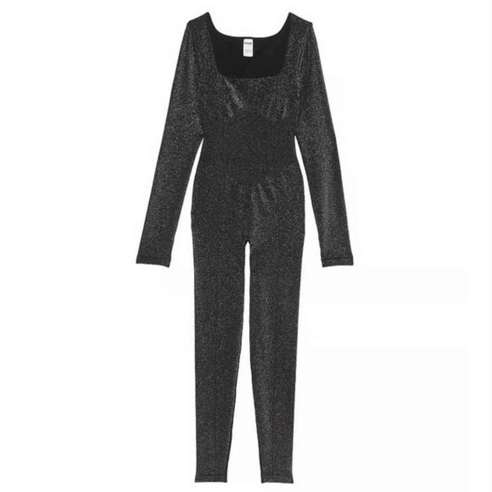 Victoria's Secret PINK Black Shimmer Long Sleeve Bodysuit Jumpsuit Sparkle NWT - Picture 3 of 4